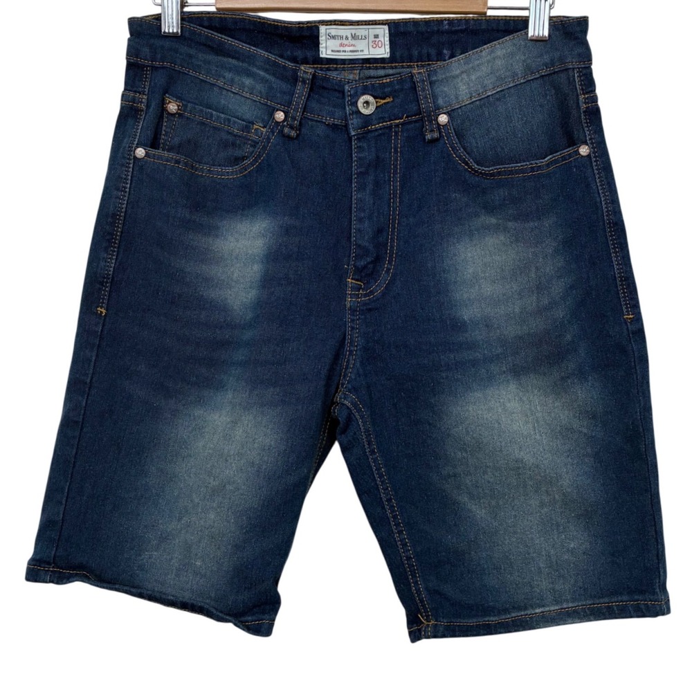 Smith & Mills Denim Shorts Dark Wash Stretch Size 30 Blue Tailored Fit RN 152752